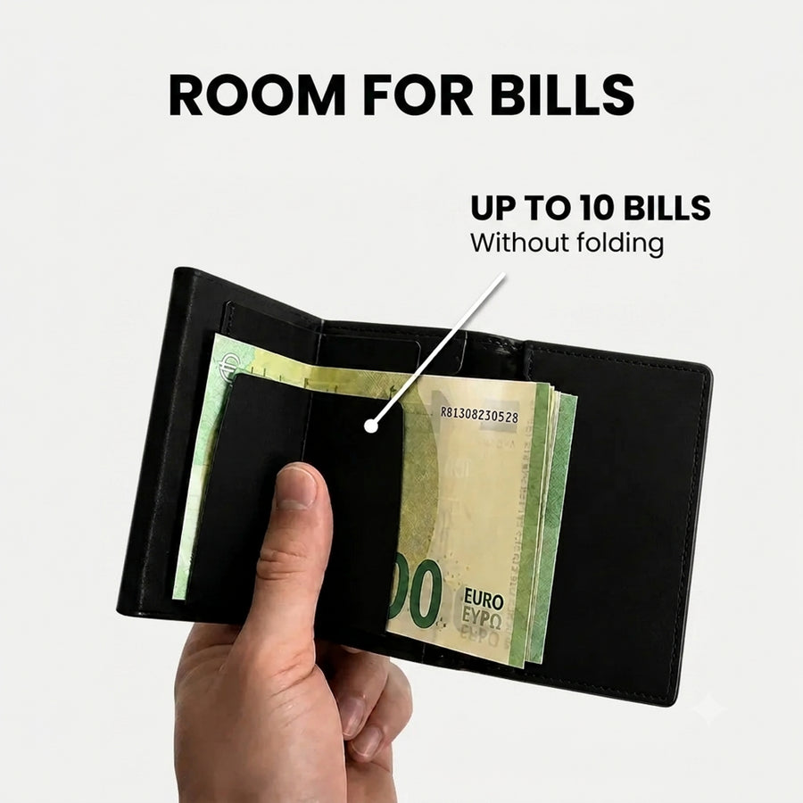 Open Riva wallet held in hand with euro banknotes, the bill compartment fits up to 10 bills without folding