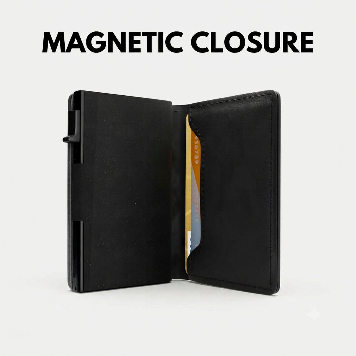 Riva leather wallet opened flat, showing the magnetic closure and aluminum card case