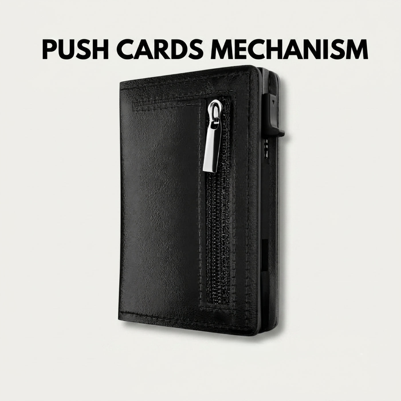 Black Riva leather wallet standing upright, showing the push card lever and zipper coin pocket