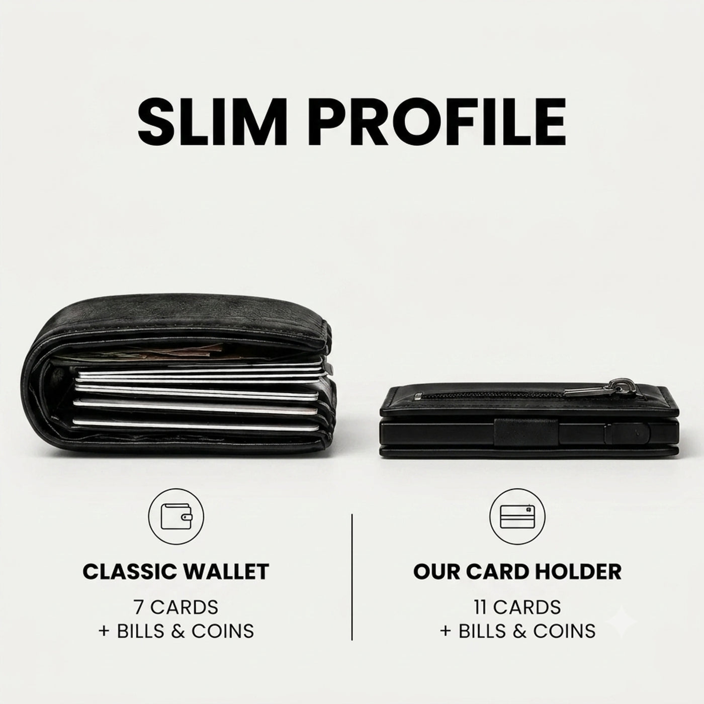 Slim Riva card holder wallet next to a bulky classic wallet, holds 11 cards plus bills and coins