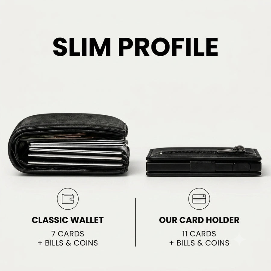 Slim Riva card holder wallet next to a bulky classic wallet, holds 11 cards plus bills and coins