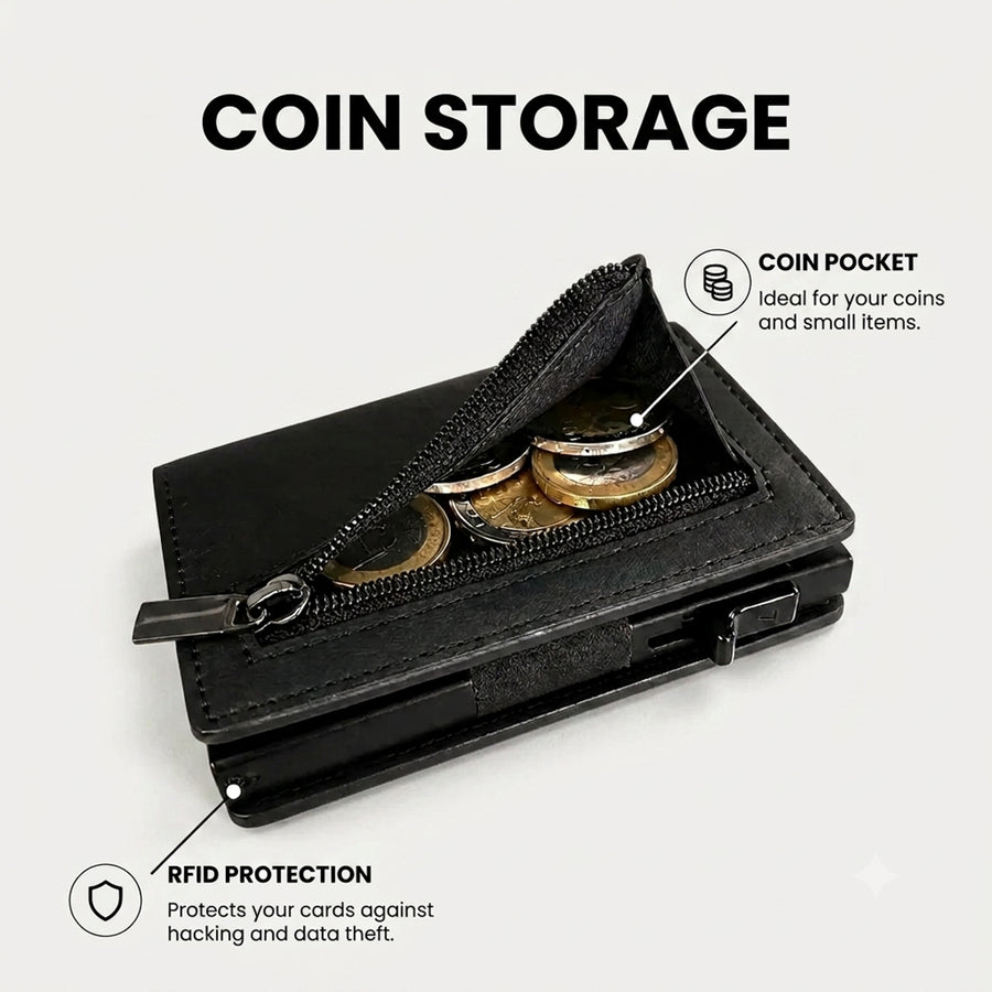Riva RFID wallet with the zipper coin pocket open, showing euro coins inside